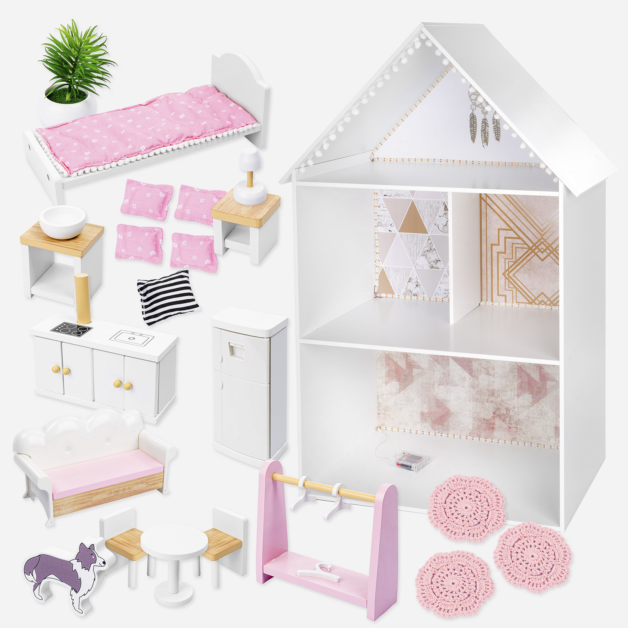 Kinderplay Puppenhaus Holz Groß für Barbie ,Rosa Zubehör enthalten (GS0077)